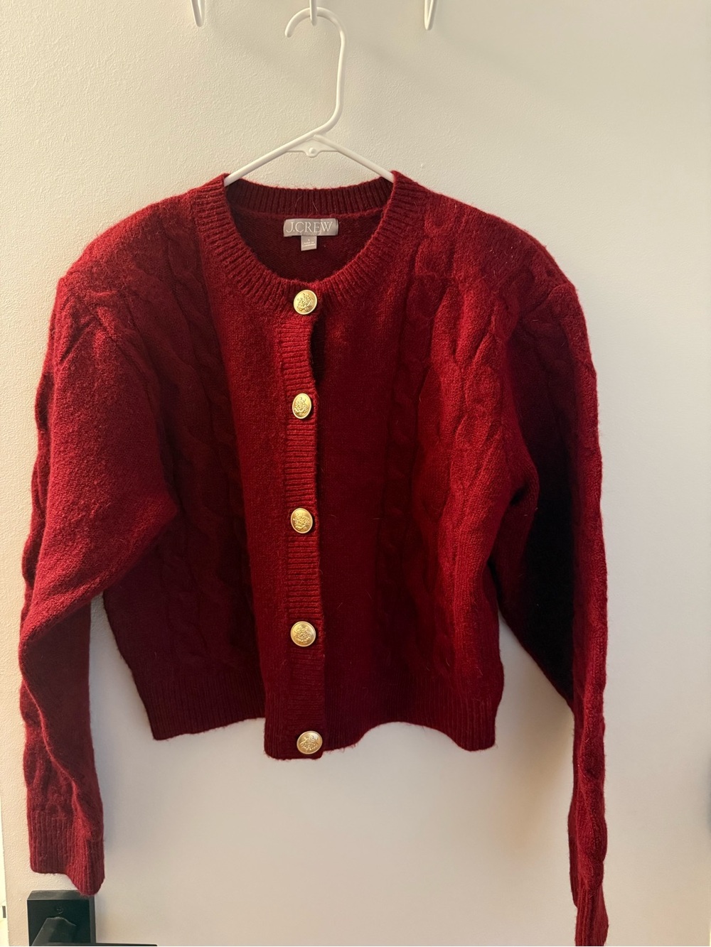 J. Crew Women’s Burgundy Cable-Knit Cardigan with Gold Buttons